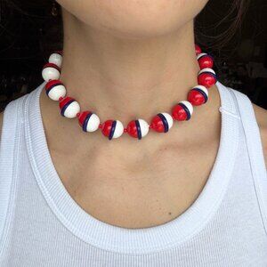 Vintage 1980s Monet Style Chunky Bead Choker | Patriotic Nautical Red White Blue